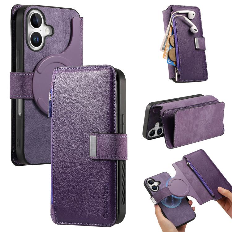 Custodia per telefono CaseNeo MagSafe RFID antifurto con cerniera e portafoglio in pelle stile retrò, For iPhone 16, For iPhone 15 Pro Max, For iPhone 15 Pro, For iPhone 15 Plus