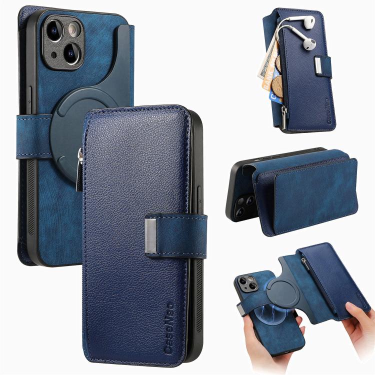 Custodia per telefono CaseNeo MagSafe RFID antifurto con cerniera e portafoglio in pelle stile retrò, For iPhone 15, For iPhone 14