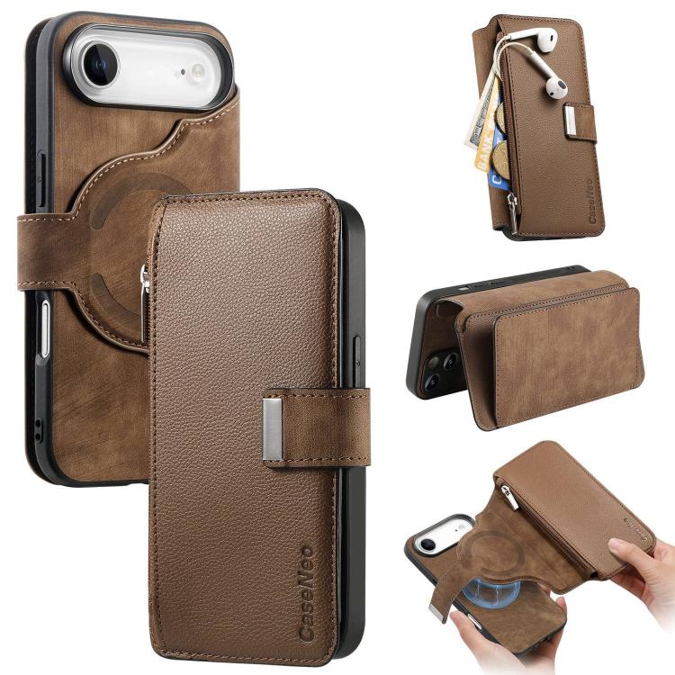 Custodia per telefono CaseNeo MagSafe RFID antifurto con cerniera e portafoglio in pelle stile retrò, For iPhone Air, For iPhone 16 Pro Max, For iPhone 16 Pro, For iPhone 16 Plus