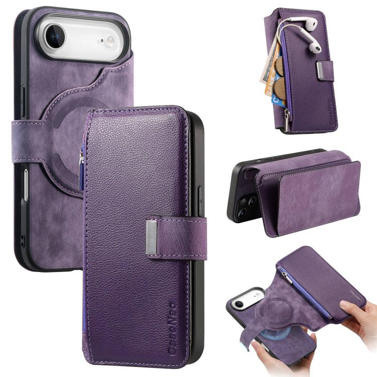 Custodia per telefono CaseNeo MagSafe RFID antifurto con cerniera e portafoglio in pelle stile retrò, For iPhone Air, For iPhone 16 Pro Max, For iPhone 16 Pro, For iPhone 16 Plus