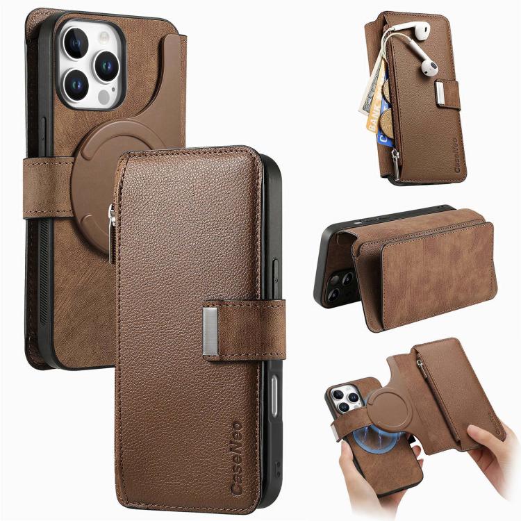 Custodia per telefono CaseNeo MagSafe RFID antifurto con cerniera e portafoglio in pelle stile retrò, For iPhone 16, For iPhone 15 Pro Max, For iPhone 15 Pro, For iPhone 15 Plus