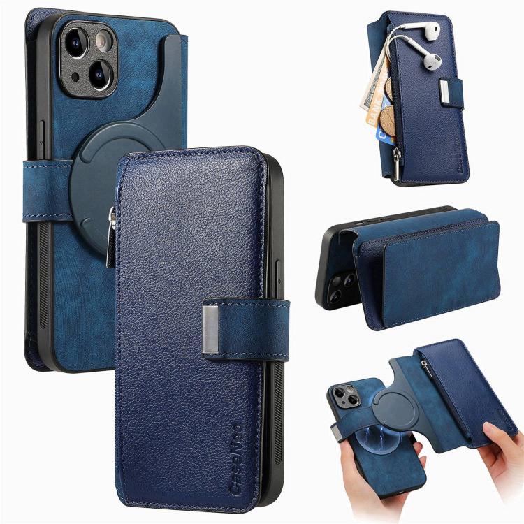 Custodia per telefono CaseNeo MagSafe RFID antifurto con cerniera e portafoglio in pelle stile retrò, For iPhone 16, For iPhone 15 Pro Max, For iPhone 15 Pro, For iPhone 15 Plus