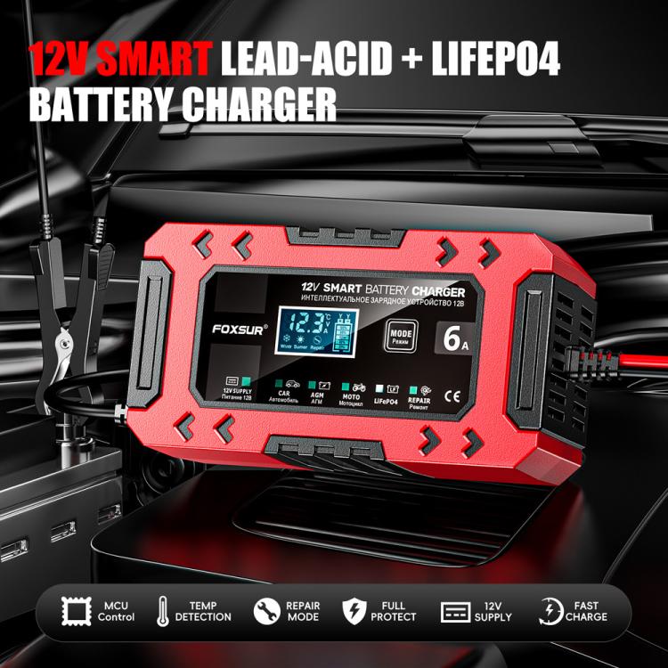 Caricabatterie multifunzione intelligente per auto e moto FOXSUR FBC1206F 12V 6A, EU Plug, US Plug, UK Plug, AU Plug
