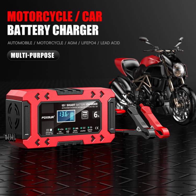 Caricabatterie multifunzione intelligente per auto e moto FOXSUR FBC1206F 12V 6A, EU Plug, US Plug, UK Plug, AU Plug
