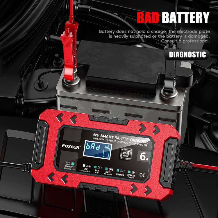 Caricabatterie multifunzione intelligente per auto e moto FOXSUR FBC1206F 12V 6A, EU Plug, US Plug, UK Plug, AU Plug