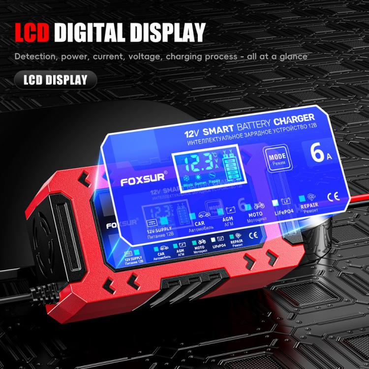Caricabatterie multifunzione intelligente per auto e moto FOXSUR FBC1206F 12V 6A, EU Plug, US Plug, UK Plug, AU Plug