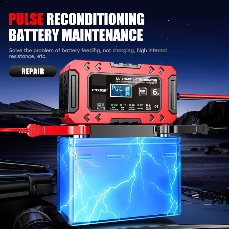 Caricabatterie multifunzione intelligente per auto e moto FOXSUR FBC1206F 12V 6A, EU Plug, US Plug, UK Plug, AU Plug