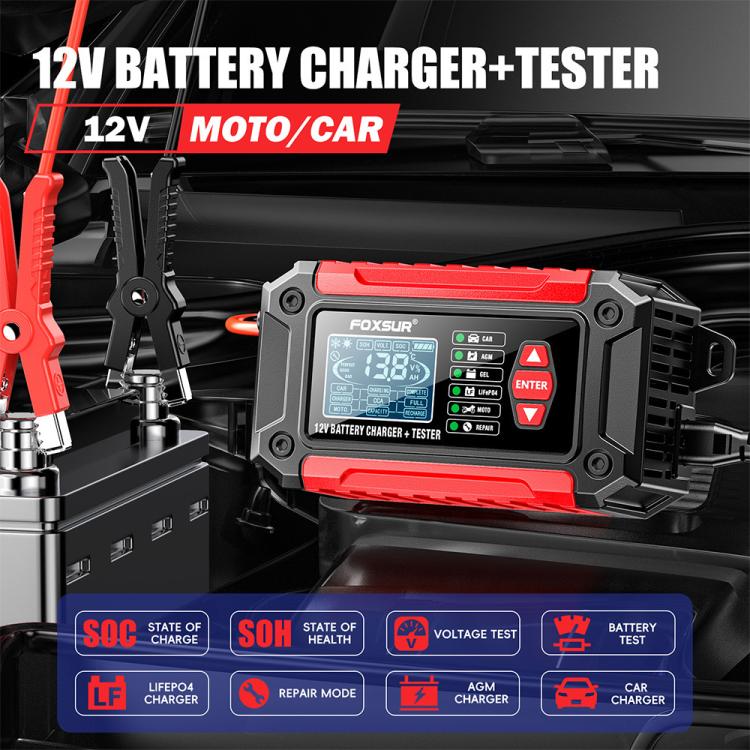 FOXSUR FTC-1206 Tester di carica 2 in 1 da 12 V integrato, strumento per testare caricabatterie per auto e moto, EU Plug, US Plug, UK Plug, AU Plug