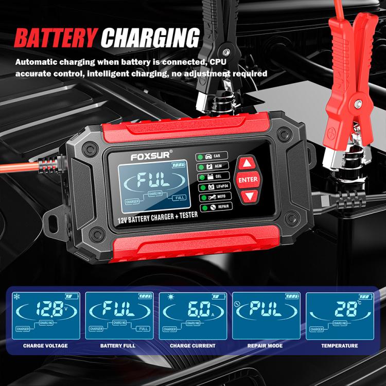 FOXSUR FTC-1206 Tester di carica 2 in 1 da 12 V integrato, strumento per testare caricabatterie per auto e moto, EU Plug, US Plug, UK Plug, AU Plug