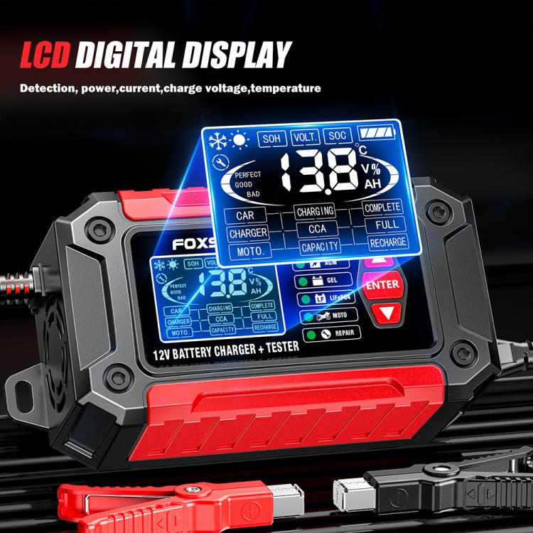 FOXSUR FTC-1206 Tester di carica 2 in 1 da 12 V integrato, strumento per testare caricabatterie per auto e moto, EU Plug, US Plug, UK Plug, AU Plug
