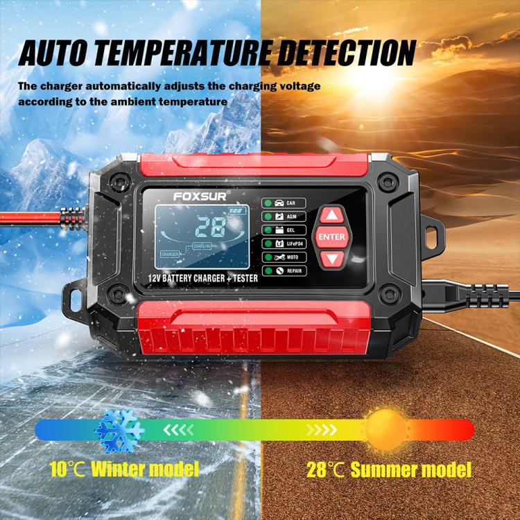 FOXSUR FTC-1206 Tester di carica 2 in 1 da 12 V integrato, strumento per testare caricabatterie per auto e moto, EU Plug, US Plug, UK Plug, AU Plug