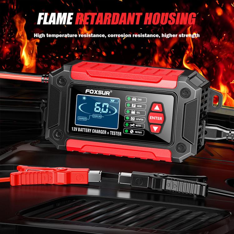 FOXSUR FTC-1206 Tester di carica 2 in 1 da 12 V integrato, strumento per testare caricabatterie per auto e moto, EU Plug, US Plug, UK Plug, AU Plug