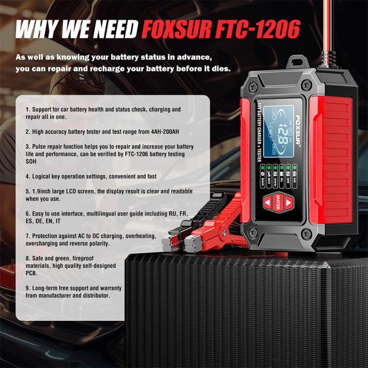 FOXSUR FTC-1206 Tester di carica 2 in 1 da 12 V integrato, strumento per testare caricabatterie per auto e moto, EU Plug, US Plug, UK Plug, AU Plug