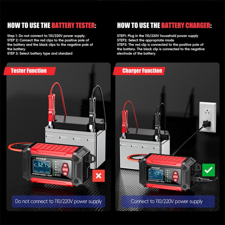 FOXSUR FTC-1206 Tester di carica 2 in 1 da 12 V integrato, strumento per testare caricabatterie per auto e moto, EU Plug, US Plug, UK Plug, AU Plug