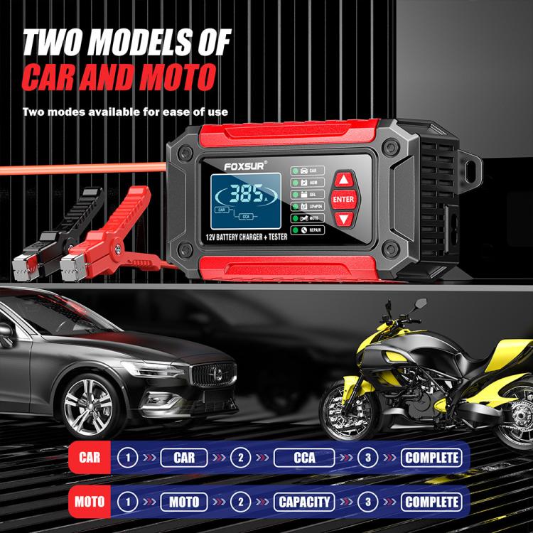 FOXSUR FTC-1206 Tester di carica 2 in 1 da 12 V integrato, strumento per testare caricabatterie per auto e moto, EU Plug, US Plug, UK Plug, AU Plug