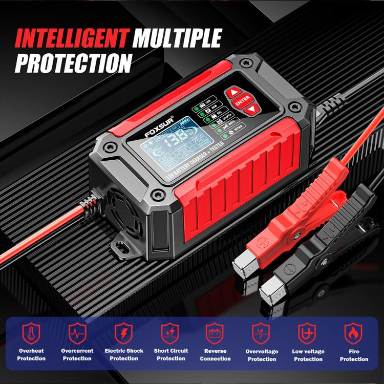 FOXSUR FTC-1206 Tester di carica 2 in 1 da 12 V integrato, strumento per testare caricabatterie per auto e moto, EU Plug, US Plug, UK Plug, AU Plug