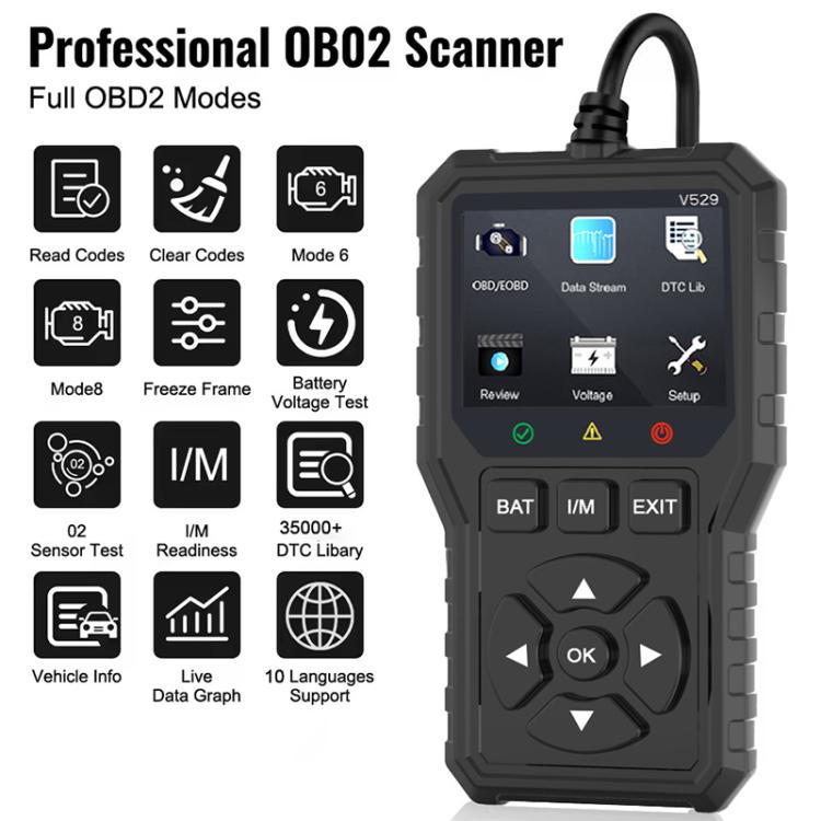 Strumento diagnostico FOXSUR V529 OBD2 per la lettura dei codici di errore del motore dell'auto.
