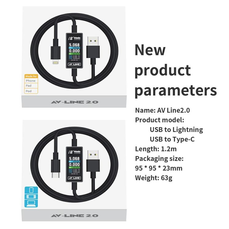 Cavo dati di ricarica con rilevamento intelligente AV-Line 2.0 da 1,2 m, compatibile con 18 tipi di dispositivi., USB to  8 Pin, USB to Type-C
