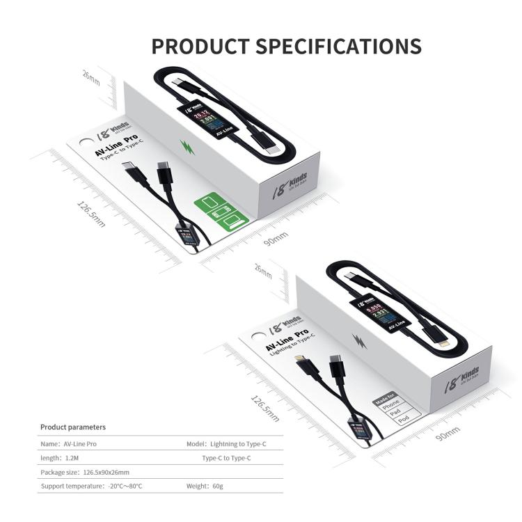 Cavo dati di ricarica con rilevamento intelligente AV-Line Pro da 1,2 m, compatibile con 18 tipi di dispositivi., Type-C to  8 Pin, Type-C to Type-C