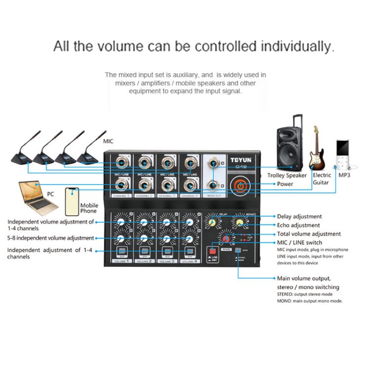 Mixer audio TEYUN Q48 8 canali con riverbero