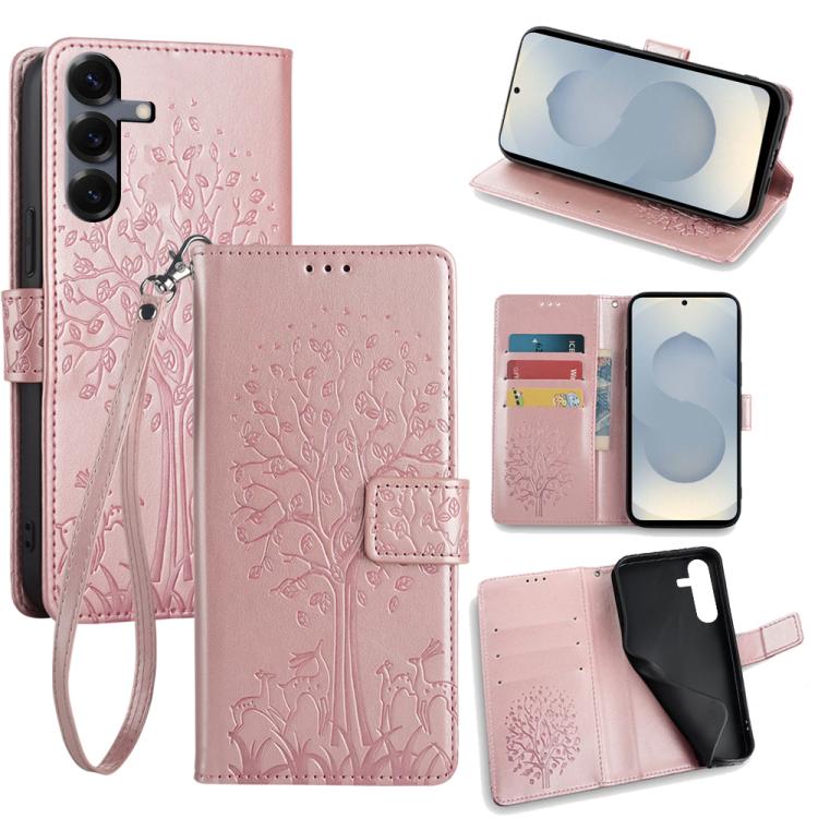 Custodia per telefono in pelle con motivo albero e cervo in rilievo, For Samsung Galaxy S26+ 5G, For Samsung Galaxy S26 Ultra 5G, For Samsung Galaxy S26 5G, For Samsung Galaxy S25 5G