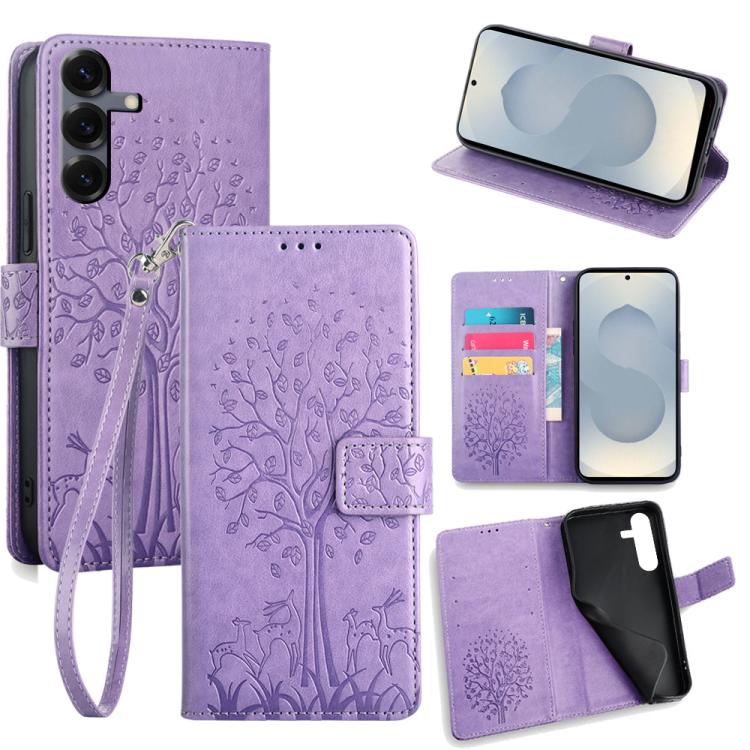 Custodia per telefono in pelle con motivo albero e cervo in rilievo, For Samsung Galaxy S26+ 5G, For Samsung Galaxy S26 Ultra 5G, For Samsung Galaxy S26 5G, For Samsung Galaxy S25 5G