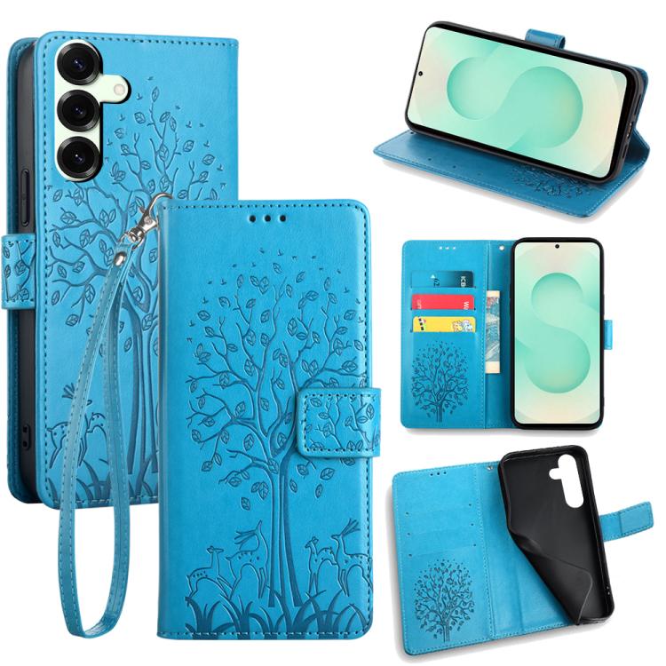 Custodia per telefono in pelle con motivo albero e cervo in rilievo, For Samsung Galaxy S25+ 5G, For Samsung Galaxy S25 Ultra 5G