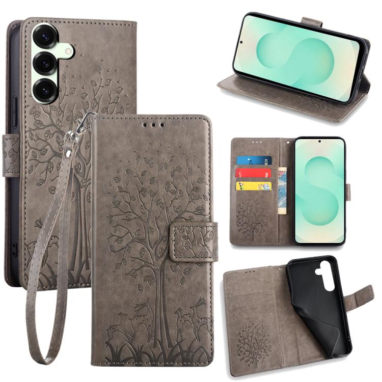 Custodia per telefono in pelle con motivo albero e cervo in rilievo, For Samsung Galaxy S25+ 5G, For Samsung Galaxy S25 Ultra 5G