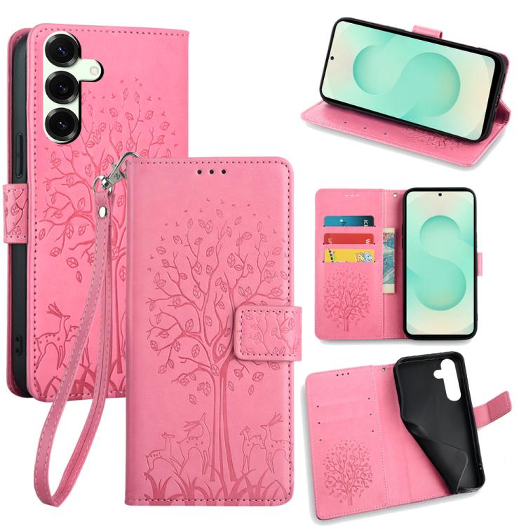 Custodia per telefono in pelle con motivo albero e cervo in rilievo, For Samsung Galaxy S25+ 5G, For Samsung Galaxy S25 Ultra 5G