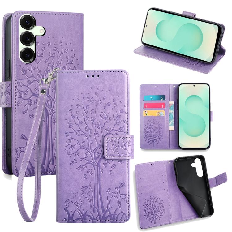 Custodia per telefono in pelle con motivo albero e cervo in rilievo, For Samsung Galaxy S25+ 5G, For Samsung Galaxy S25 Ultra 5G