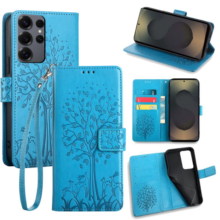 Custodia per telefono in pelle con motivo albero e cervo in rilievo, For Samsung Galaxy S25+ 5G, For Samsung Galaxy S25 Ultra 5G