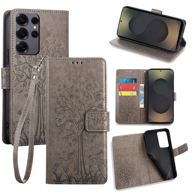 Custodia per telefono in pelle con motivo albero e cervo in rilievo, For Samsung Galaxy S25+ 5G, For Samsung Galaxy S25 Ultra 5G