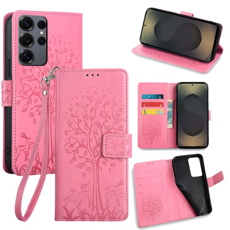 Custodia per telefono in pelle con motivo albero e cervo in rilievo, For Samsung Galaxy S25+ 5G, For Samsung Galaxy S25 Ultra 5G