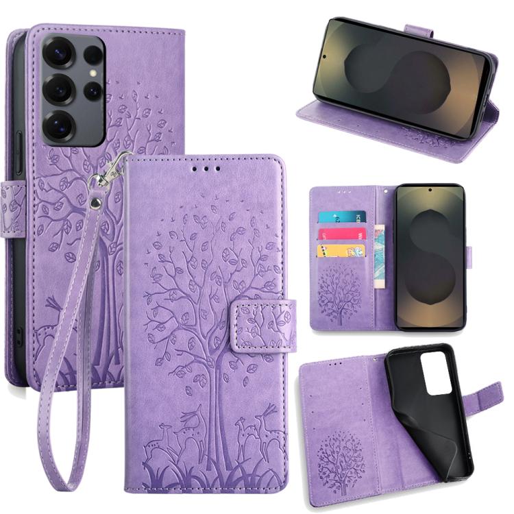 Custodia per telefono in pelle con motivo albero e cervo in rilievo, For Samsung Galaxy S25+ 5G, For Samsung Galaxy S25 Ultra 5G