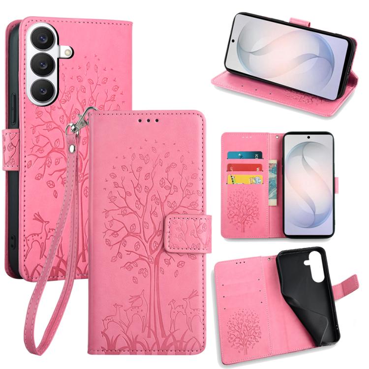 Custodia per telefono in pelle con motivo albero e cervo in rilievo, For Samsung Galaxy S26+ 5G, For Samsung Galaxy S26 Ultra 5G, For Samsung Galaxy S26 5G, For Samsung Galaxy S25 5G