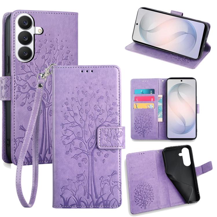 Custodia per telefono in pelle con motivo albero e cervo in rilievo, For Samsung Galaxy S26+ 5G, For Samsung Galaxy S26 Ultra 5G, For Samsung Galaxy S26 5G, For Samsung Galaxy S25 5G