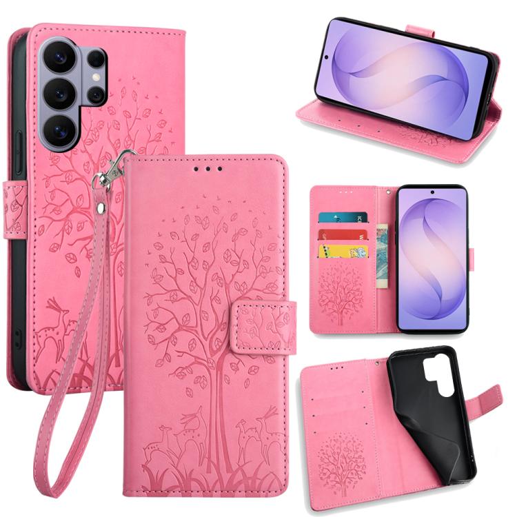 Custodia per telefono in pelle con motivo albero e cervo in rilievo, For Samsung Galaxy S26+ 5G, For Samsung Galaxy S26 Ultra 5G, For Samsung Galaxy S26 5G, For Samsung Galaxy S25 5G