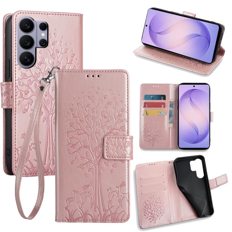 Custodia per telefono in pelle con motivo albero e cervo in rilievo, For Samsung Galaxy S26+ 5G, For Samsung Galaxy S26 Ultra 5G, For Samsung Galaxy S26 5G, For Samsung Galaxy S25 5G