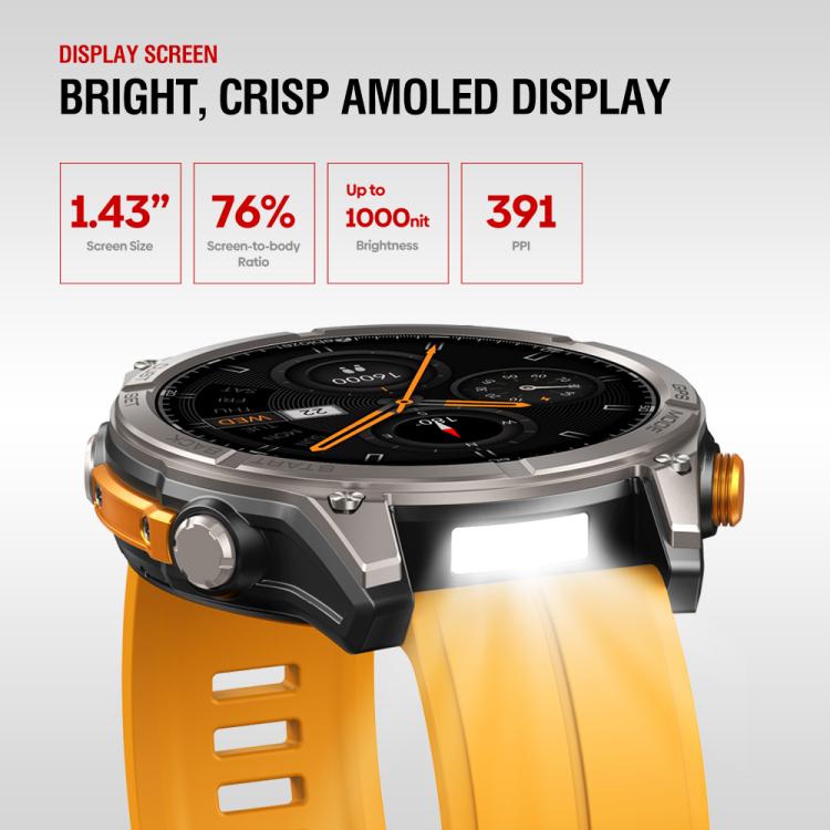 Zeblaze Stratos 4 Smartwatch GPS robusto per attività all'aperto con schermo da 1,43 pollici, resistenza fino a 5 ATM e certificazione IP69K.