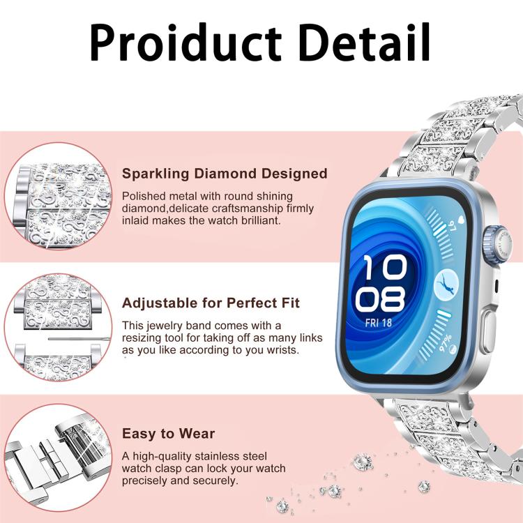 Cinturino per orologio in acciaio inossidabile con diamanti xDfind, For Huawei Watch Fit 5 / Fit 5 Pro 20mm, For Huawei Band 10 / 9 / 8 14mm