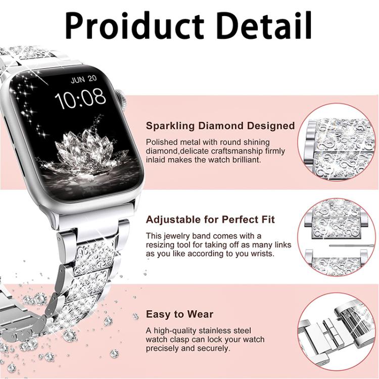 Cinturino per orologio in acciaio inossidabile con diamanti xDfind, For Apple Watch 42 / 44 / 45 / 46 / 49mm, For Apple Watch 38 / 40 / 41 / S10 42mm