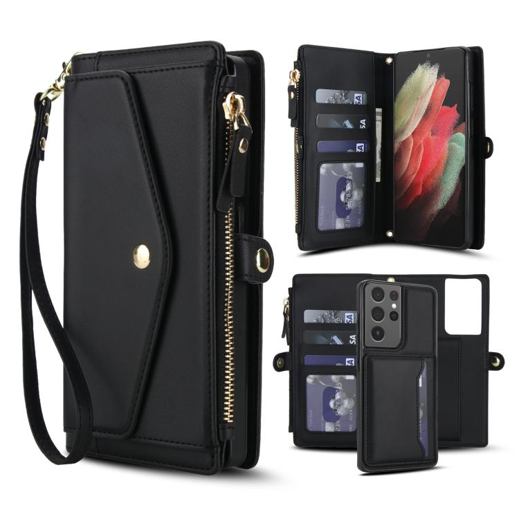 Portafoglio multifunzionale con custodia per telefono in pelle rimovibile e cordino., For Samsung Galaxy S21 Ultra 5G