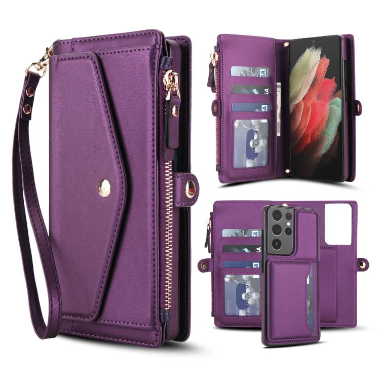 Portafoglio multifunzionale con custodia per telefono in pelle rimovibile e cordino., For Samsung Galaxy S21 Ultra 5G