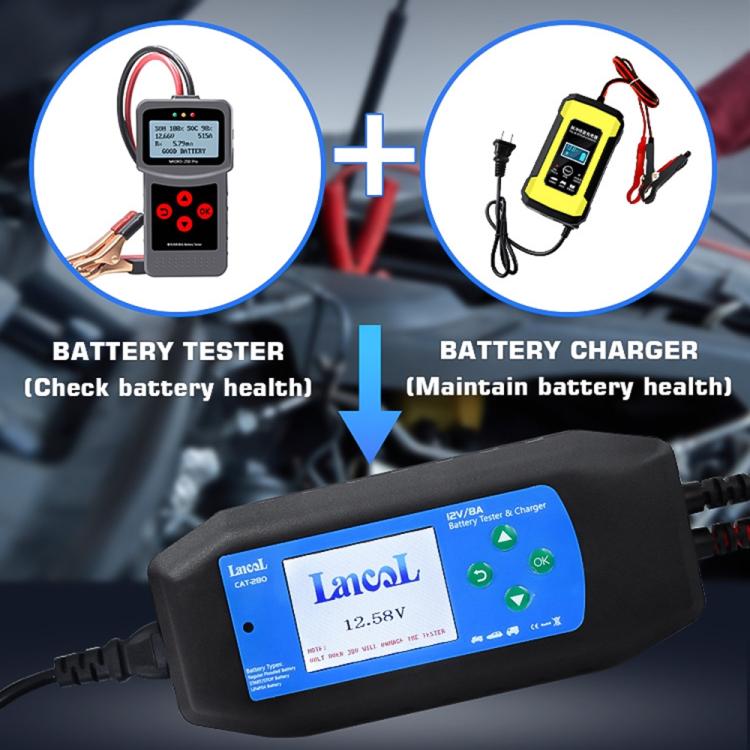 CAT-280 Caricabatterie per auto 2 in 1 e tester per batterie con schermo a colori, US Plug