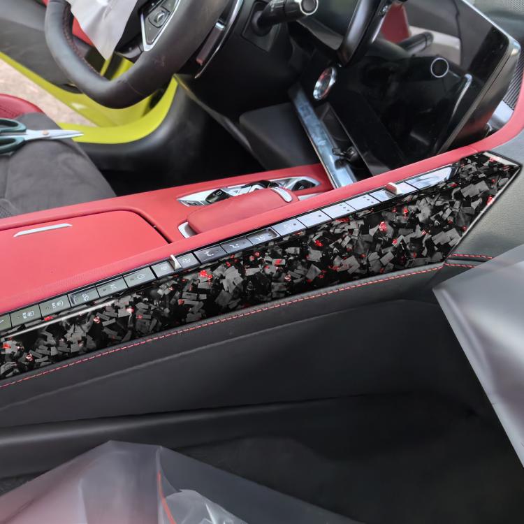 Set di 2 adesivi decorativi laterali per console centrale auto in fibra di carbonio con lamina dorata forgiata per Chevrolet Corvette C8 2020-, lato guidatore sinistro, Center Console Side, Left Driver
