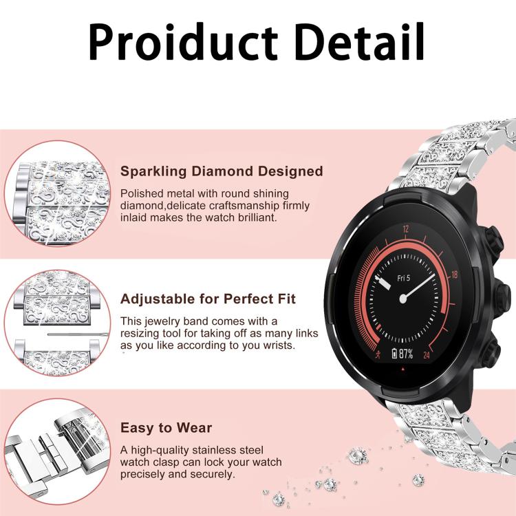 Cinturino per orologio in acciaio inossidabile con diamanti xDfind, For Suunto 9 / 9 Baro / D5 / Core / 7 22mm