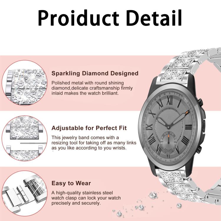 Cinturino per orologio in acciaio inossidabile con diamanti xDfind, For Fossil Q Machine Hybrid Watch 22mm