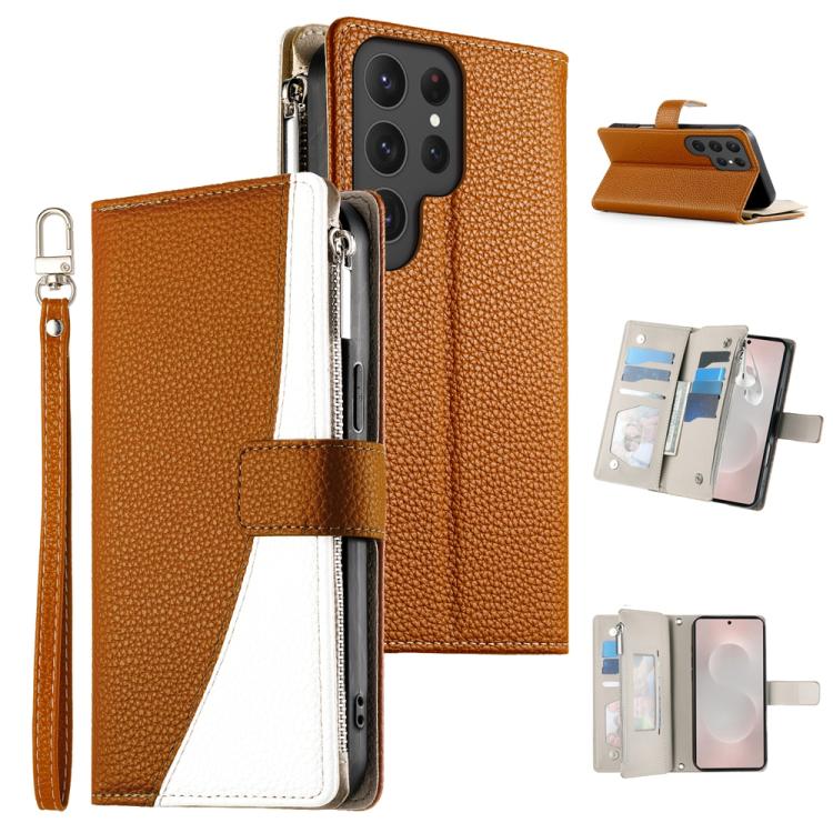 Portafoglio multi-carta con cerniera e cinturino corto, cuciture a vista, custodia per telefono in pelle con cinturino corto., For Samsung Galaxy S24+ 5G / S25+ 5G, For Samsung Galaxy S25 Ultra 5G, For Samsung Galaxy S24 FE 5G                          ...