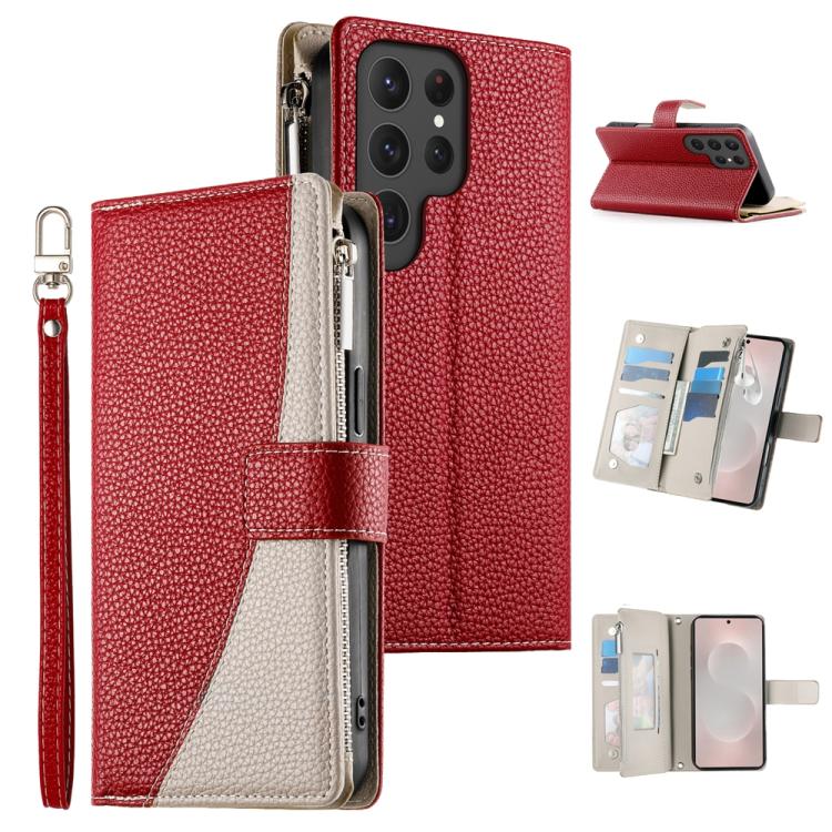 Portafoglio multi-carta con cerniera e cinturino corto, cuciture a vista, custodia per telefono in pelle con cinturino corto., For Samsung Galaxy S24+ 5G / S25+ 5G, For Samsung Galaxy S25 Ultra 5G, For Samsung Galaxy S24 FE 5G                          ...