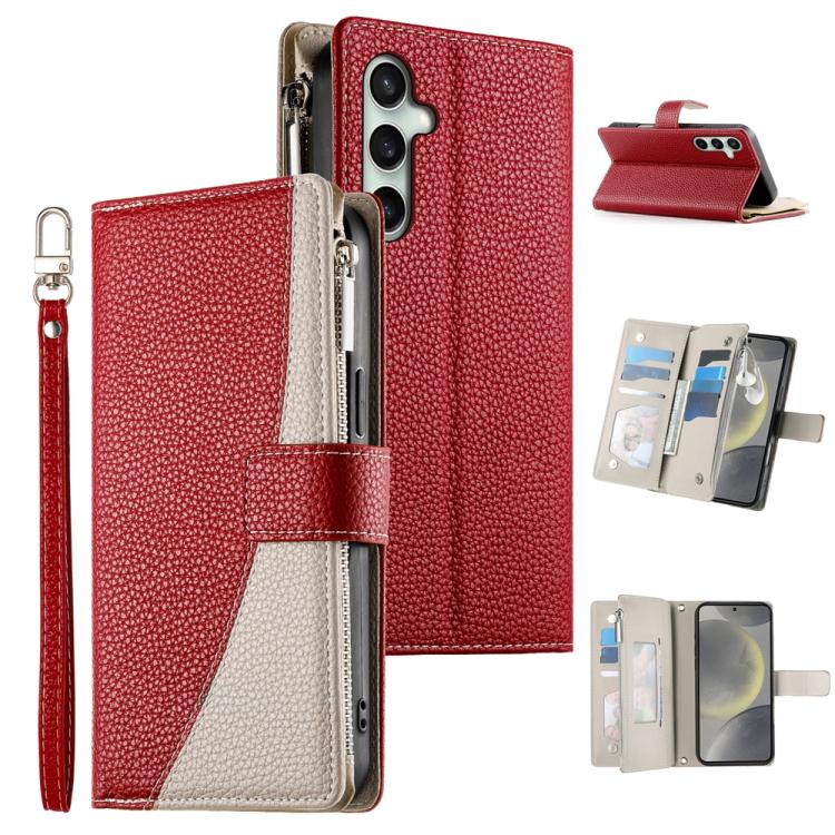 Portafoglio multi-carta con cerniera e cinturino corto, cuciture a vista, custodia per telefono in pelle con cinturino corto., For Samsung Galaxy S24+ 5G / S25+ 5G, For Samsung Galaxy S25 Ultra 5G, For Samsung Galaxy S24 FE 5G                          ...